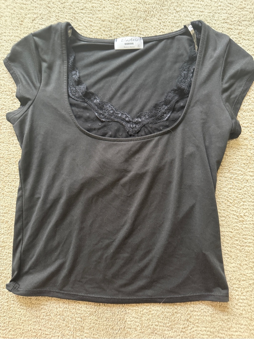 Electric Behavior Black Scoop Neck Lace Trim Tee